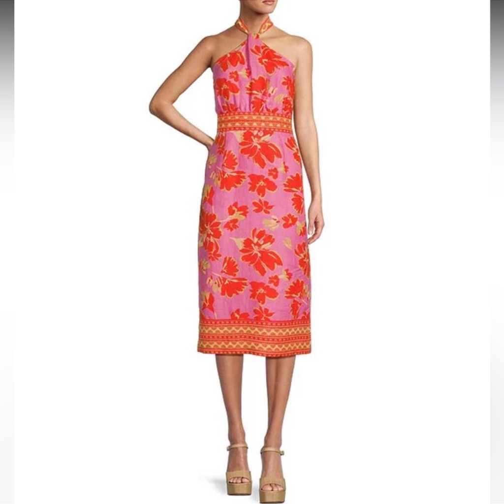 Nwt Antonio Melani Naomi Floral Printed Linen Halter Sleeveless A-Line Mid Dress